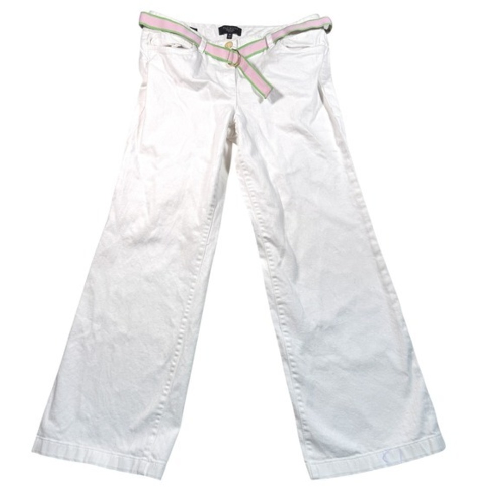 Talbots White Wide Leg Pants with Pink & Green Striped Belt